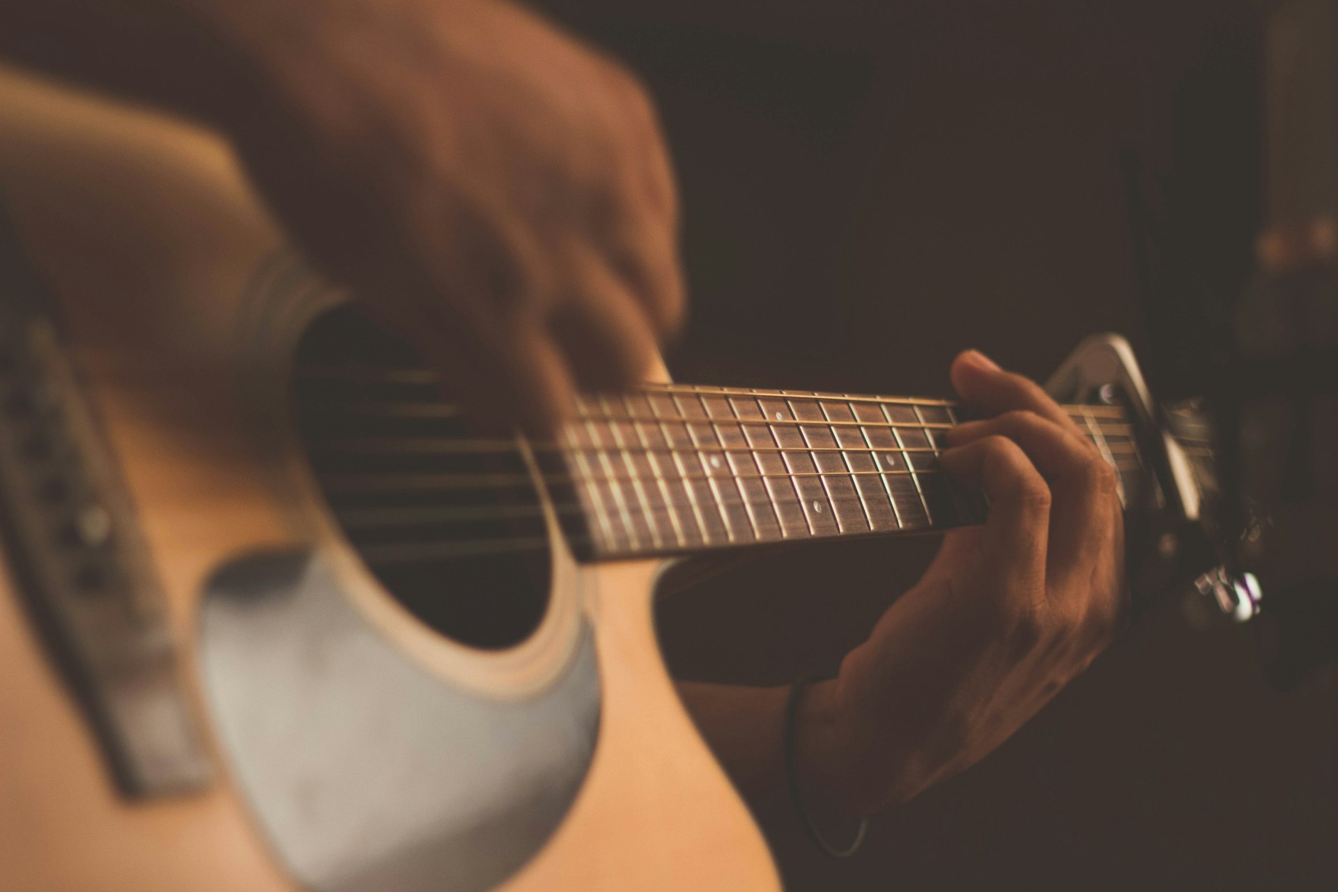 Musician playing guitar on stage
